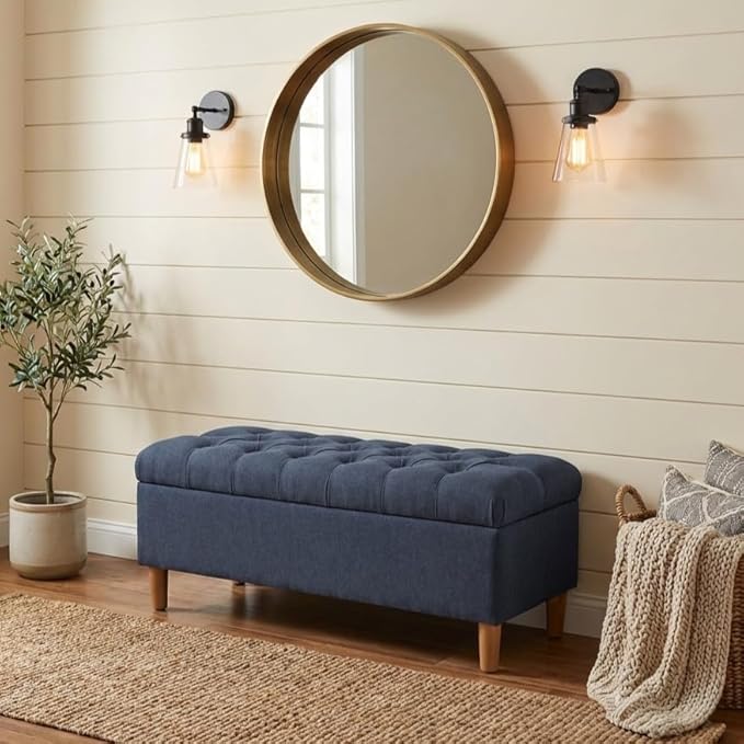 Homepop Home Decor | Tufted Ainsley Button Storage Ottoman Bench with Hinged Lid | Ottoman Bench with Storage for Living Room & Bedroom, Blue Woven
