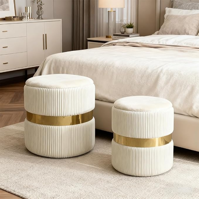 Round Ottoman with Storage Set of 2 Small Ottoman Coffee Table, Foot Stool, Vanity Chair, Removable Lid, for Living Room, Bedroom, Hallway, Assembly Free (White with Middle Gold)