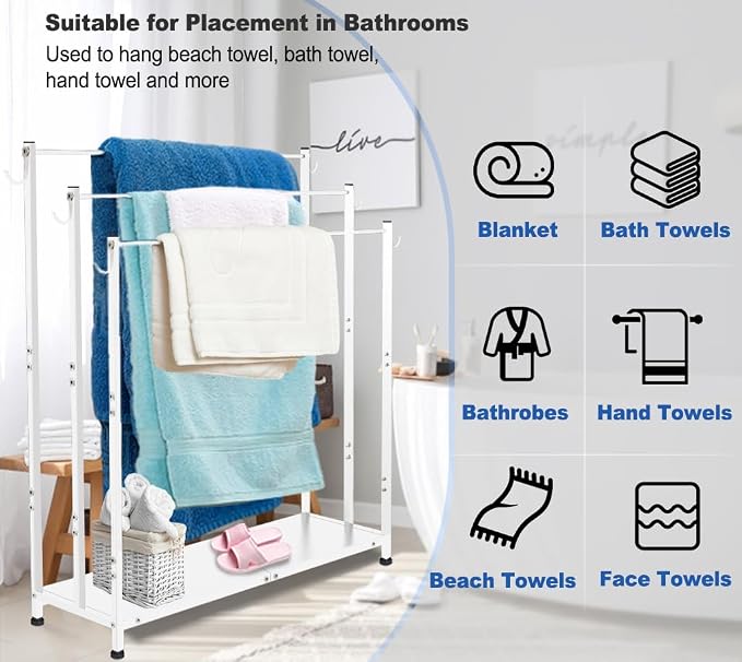 Extra Large Free Standing Towel Rack with Metal Storage Shelf & 6 Hooks for Bathroom, 3 Tiers Heavy Duty Blanket Drying Stand Holder for Outdoor Pool, Bedroom, Living Room, White