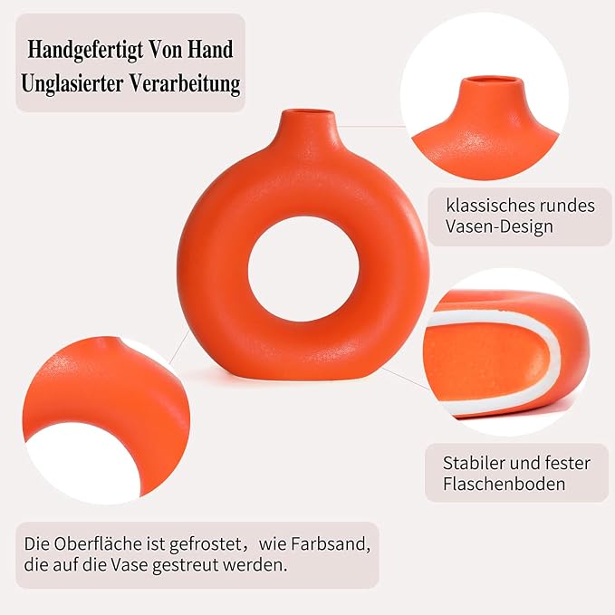 Orange Ceramic Donut Vase Set of 2, Hollow Round Matte Pampas Flower Vases for Boho Home Wedding Party Room Dinner Table Shelf Decor.（Orange）