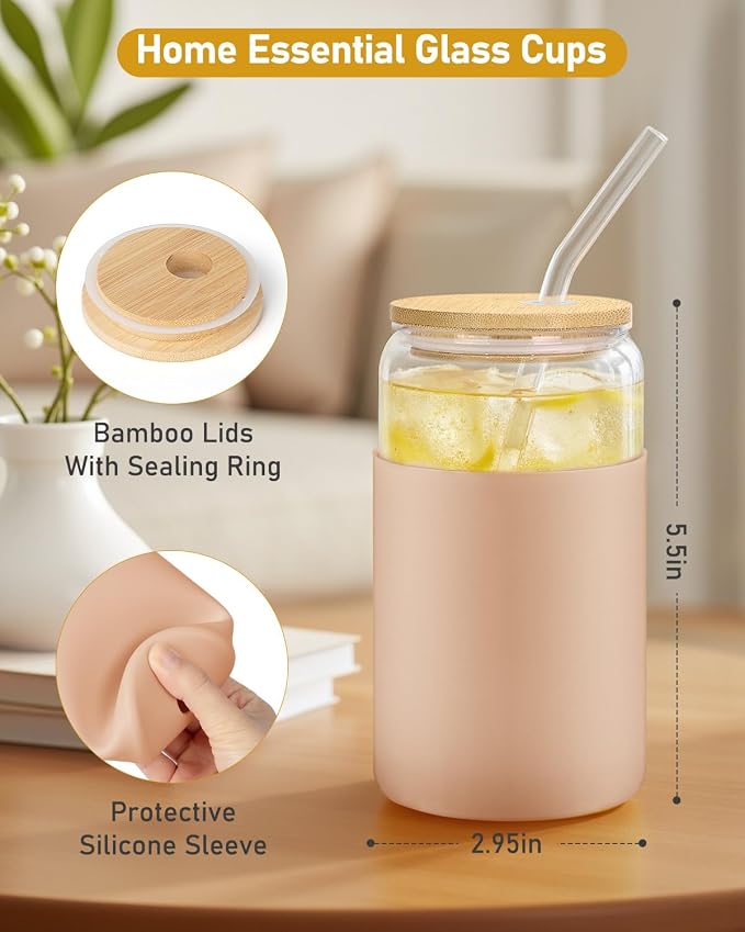 sungwoo Glass Cups with Lids and Straws, 4 Pack 16OZ Iced Coffee Cups with Silicone Sleeve, Glass Tumbler with Straw and Bamboo Lid, Home Essential Drinking Set for Juice, Cocktail and Latte 4 Colors