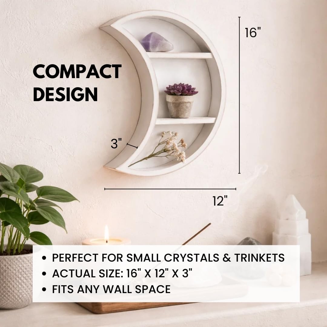 LABEND HOME Moon Shaped Shelf for Crystals - Crescent Moon Shelf Wall Mounted - Half Moon Shelf for Crystal Display, Stones, Trinkets - Reversible Boho Spiritual Décor for Bedroom - White Rustic Wood