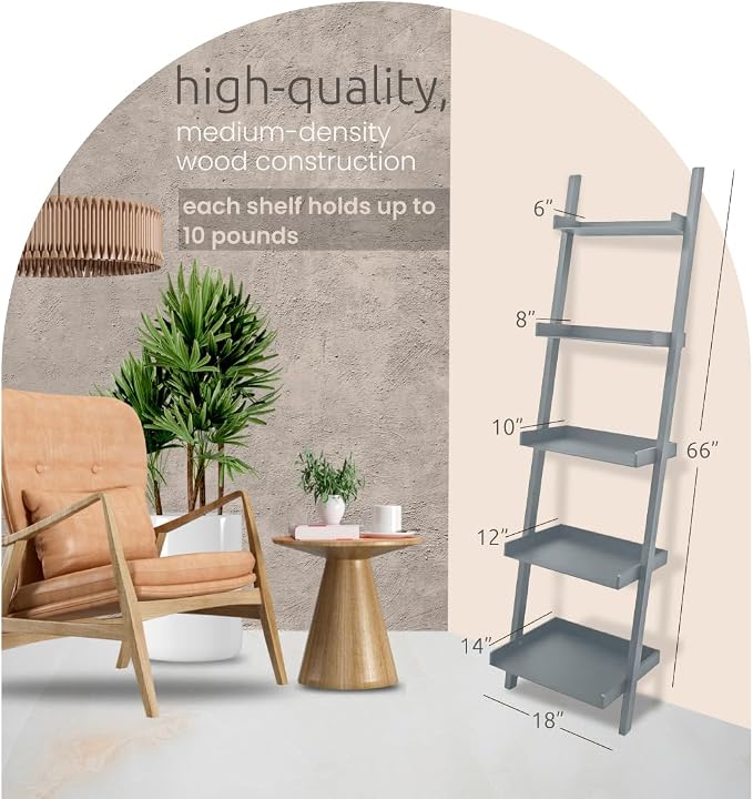 Kiera Grace Providence Hadfield 5 Tier Ladder Shelf, Leaning Bookshelf Storage Rack for Home, Office, 18" x 67", Cloud Grey