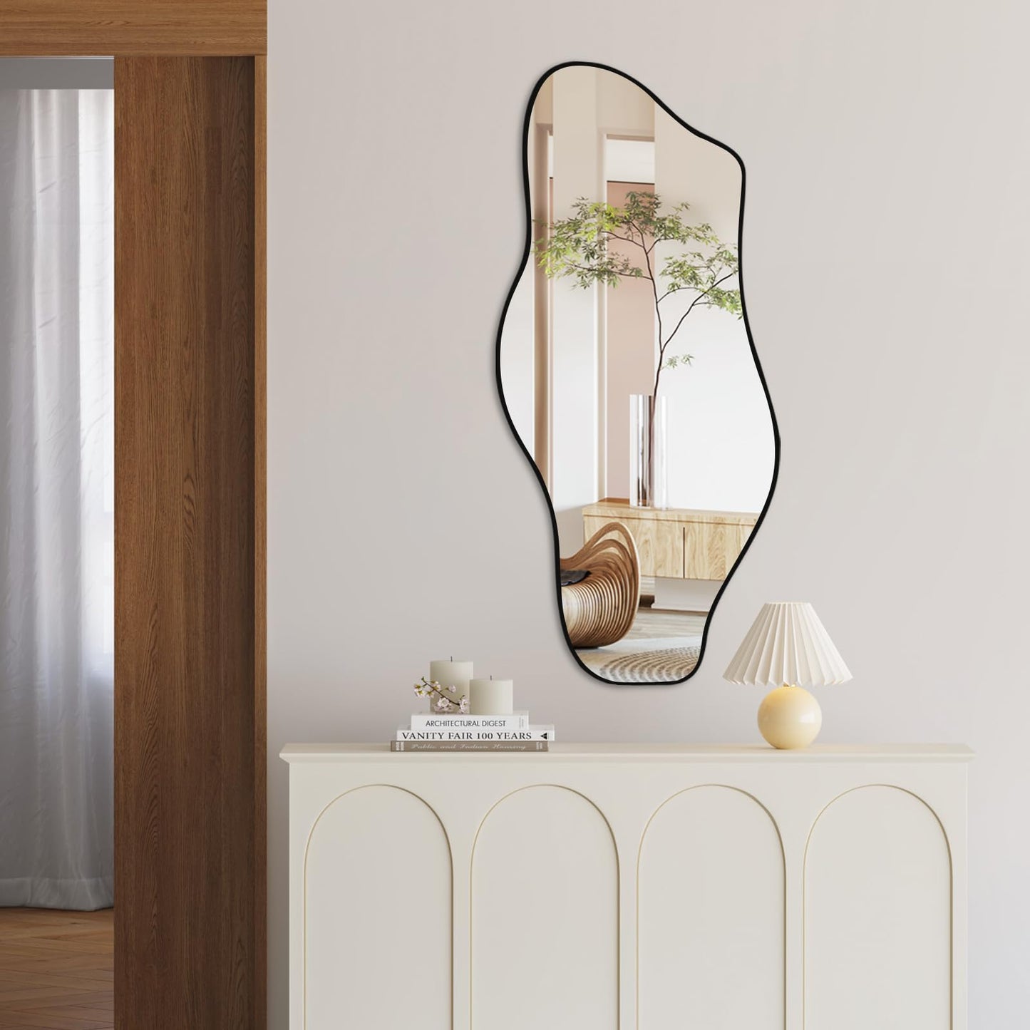 Jesmaikor Large Irregular Wall Mirror, 47.2"x21", Black Asymmetrical Modern Oblong Wavy Cloud Mirror for Living Room, Bathroom, Entryway, Dining Room