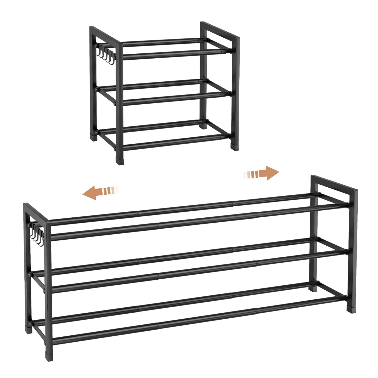 VGOBLO Expandable Shoe Rack - 18.5''- 47'' Adjustable Shoe Rack for Closet, 3 Tier Long Shoe Shelf Storage for 18 Pairs Shoe and Boot, Sturdy Metal Shoe Organizer for Entryway, Garage, Black