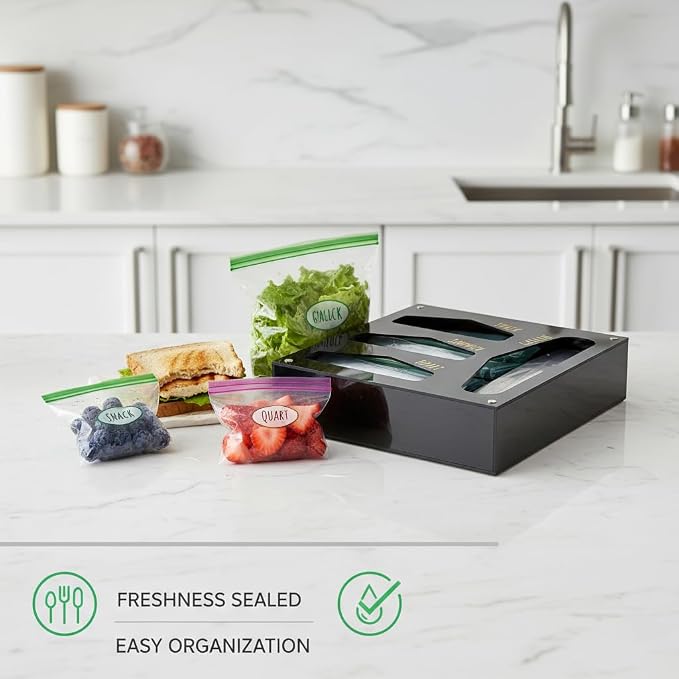 OnDisplay Luxe Acrylic Kitchen Drawer Zip Food Storage Bag Organizer - Food Baggie Holder for Snack/Sandwich/Quart/Gallon Sizes - Compatible with Ziploc, Hefty & Glad (Black)