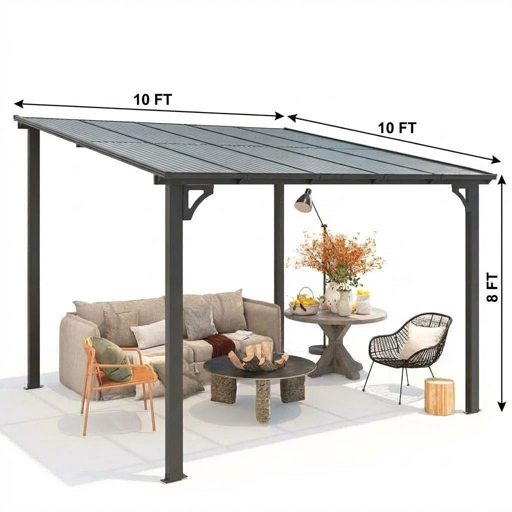 10'X10' Hardtop Wall Mounted Gazebo with Gutters & Galvanized Steel Roof, 60MPH Wind Resistance, Lean to Gazebo Pergola with Sloped Roof for Deck, Porch, Backyard and More, Black