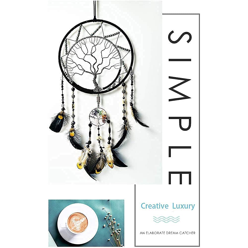 Pretty Jolly 7 Chakras Tree of Life Dream Catcher Wall Decor with Rainbow Healing Crystal Stone Handmade Black Feather DreamCatchers Wall Hanging Ornaments for Bedroom Home Decor Bless Gift Wedding