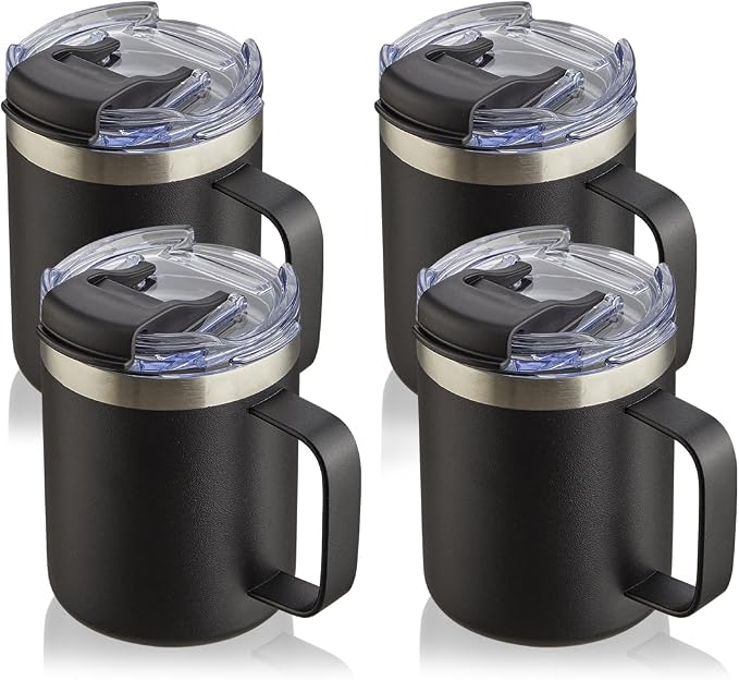 12oz Stainless Steel Insulated Coffee Mug with Handle, Double Wall Vacuum Tumbler Cup with Fliping Lid, Black, 4 Pack