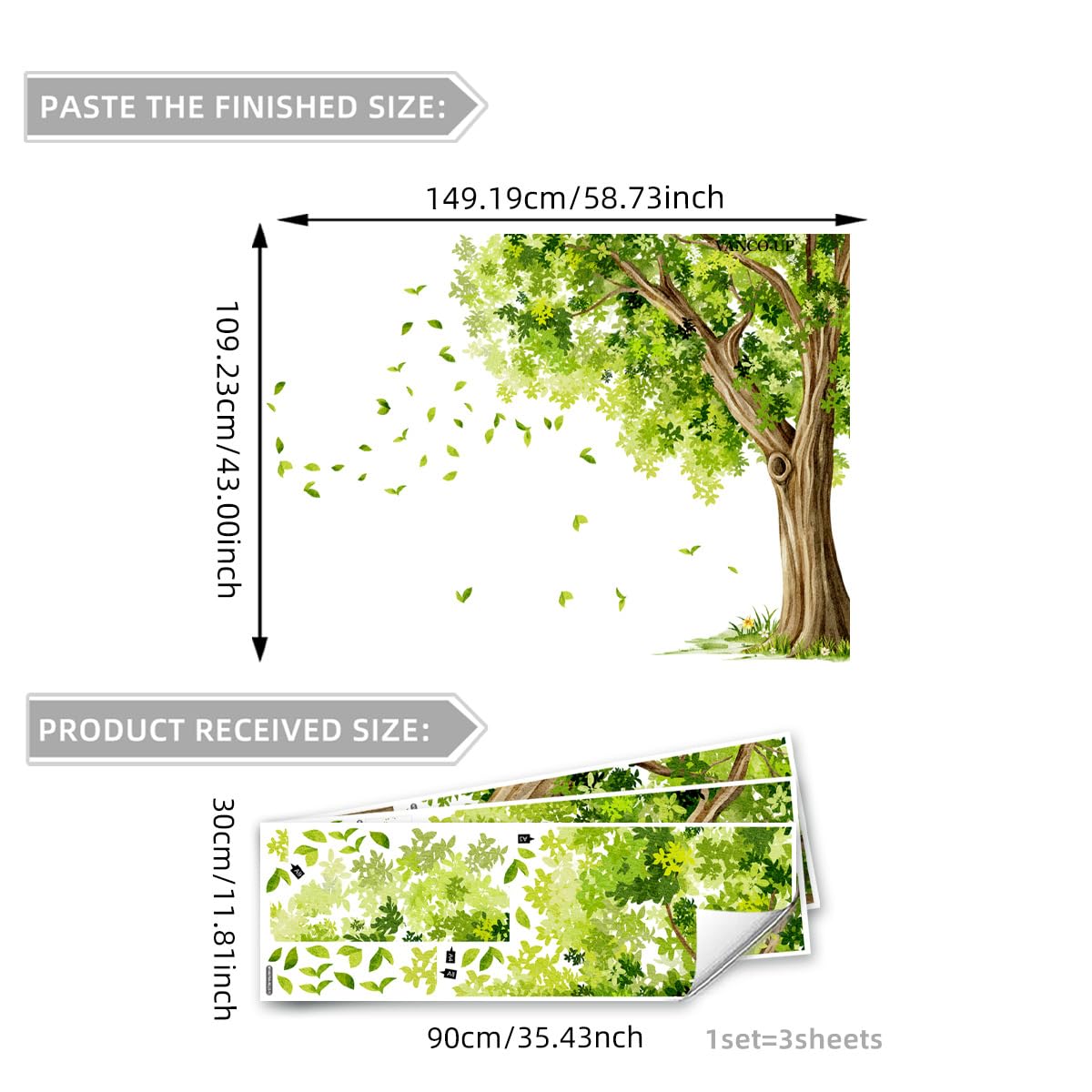 ZARROUEA Large Tree Wall Decals Green Big Tree and Falling Leaves Wall Stickers Peel and Stick Removable Wall Art Decals DIY Vinyl Green Trees Home Decor for Bedroom Kids Bedroom Sofa TV Background