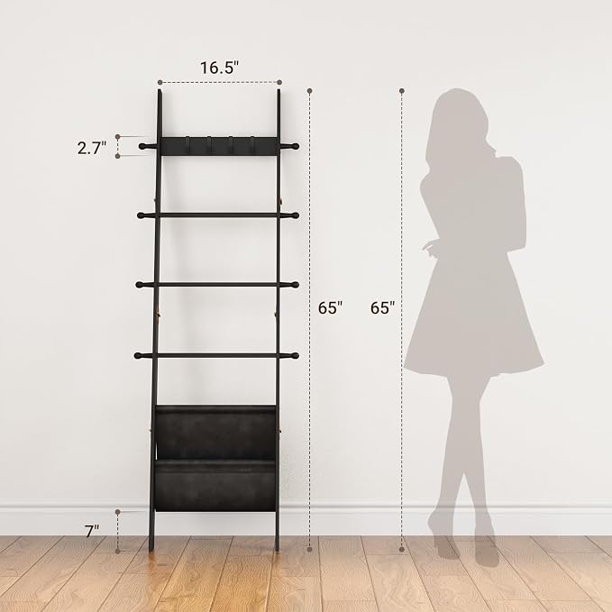 ELYKEN Blanket Ladder for Living Room, 5-Tier Wooden Towel Rack with Synthetic Leather Pocket, 4 Removable Hooks, Decorative Leaning Ladder Shelf for Bedroom, Black