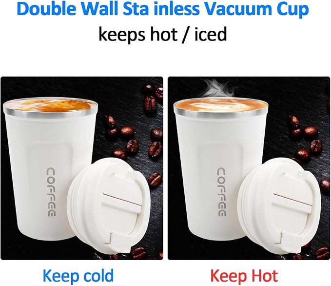 CS COSDDI 12 oz Stainless Steel Vacuum Insulated Tumbler - Coffee Travel Mug Spill Proof with Lid - Coffee Cup for Keep Hot/Ice Coffee,Tea and Beer (White)