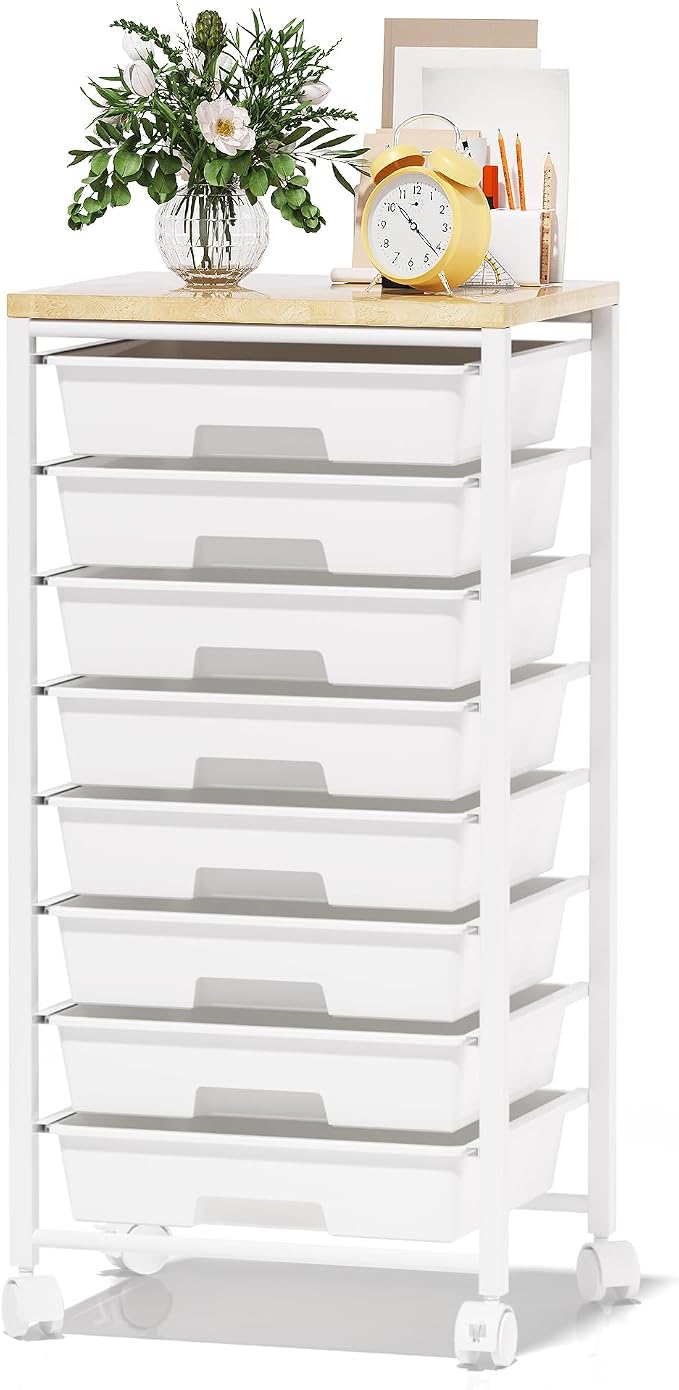 Rolling Cart with 8 Drawers, Storage Drawers Cart with Wooden Tabletop and Lockable Wheels, Craft Storage for Living Room, Office, Classroom, Craft Room, Bedroom