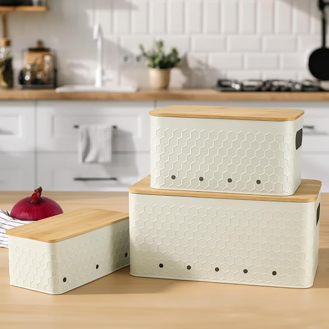 Kitchen Vegetable Storage Set of 3, Metal Onion Garlic Potato Storage Set, Kitchen Canisters Vegetable Keeper Containers with Aerating Holes and Bamboo Lid,Embossed Beige