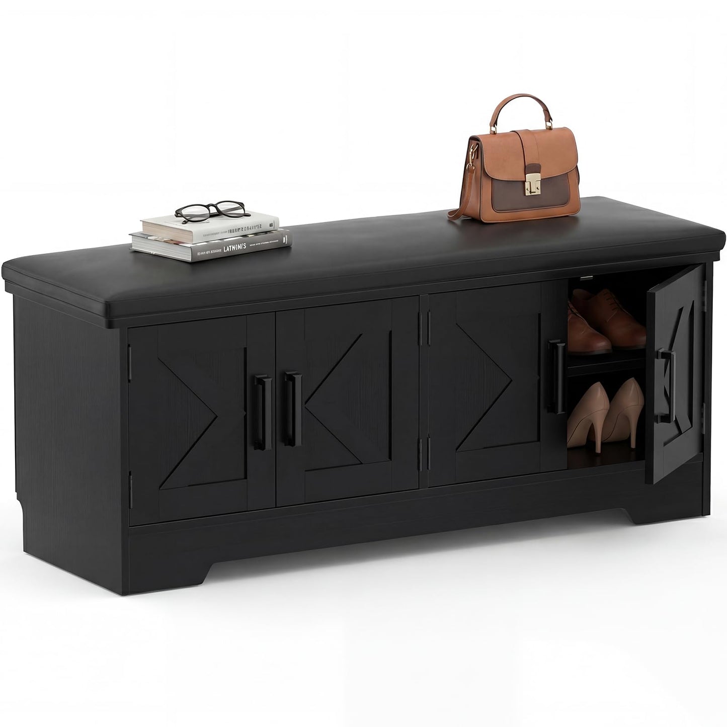 Farmhouse Shoe Storage Bench with Cushion - 43.3" Entryway Bench with Storage & 4 Barn Doors, 2-Tier Wooden Shoe Rack Bench, Hidden Shoe Cabinet & Mudroom Bench for Bedroom Hallway Living Room, Black