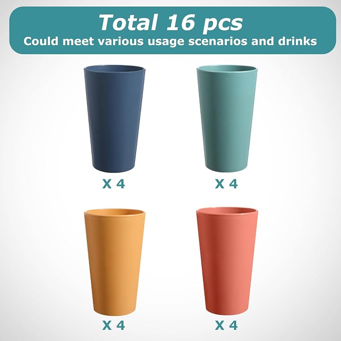 HEYCOME Set of 16 Wheat Straw Cups, 16 Pcs 20 oz Unbreakable Drinking Cups, Reusable Plastic Cups Sets, Water Glasses Tumblers, Microwave & Dishwasher Safe, Bpa Free, 4 Colors