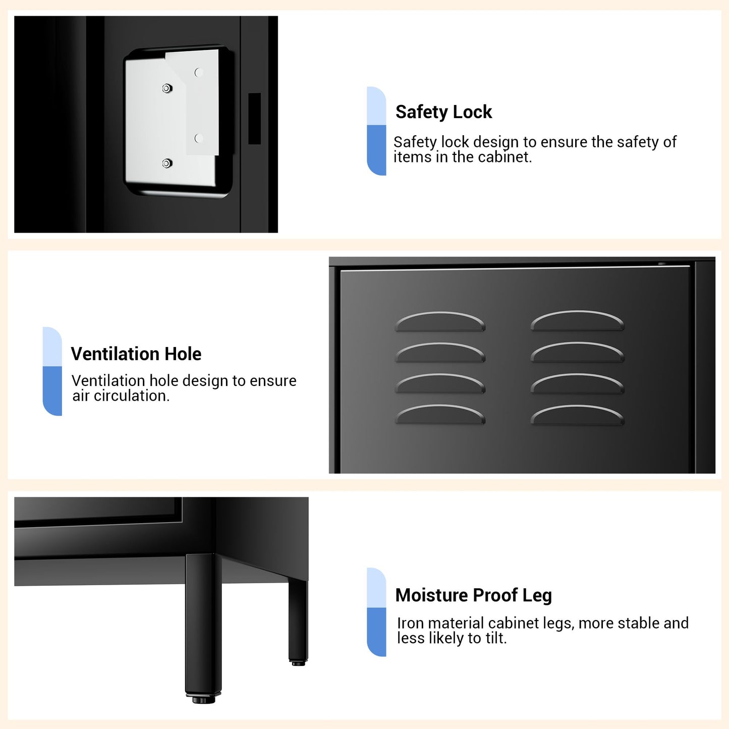 PioneerWorks 3-Door Metal Storage Locker with 9 Hooks, Heavy Duty Steel Locker for Gym, School, Office, Garage, Employee Locker Room, Home Organization, Black, Assembly Required