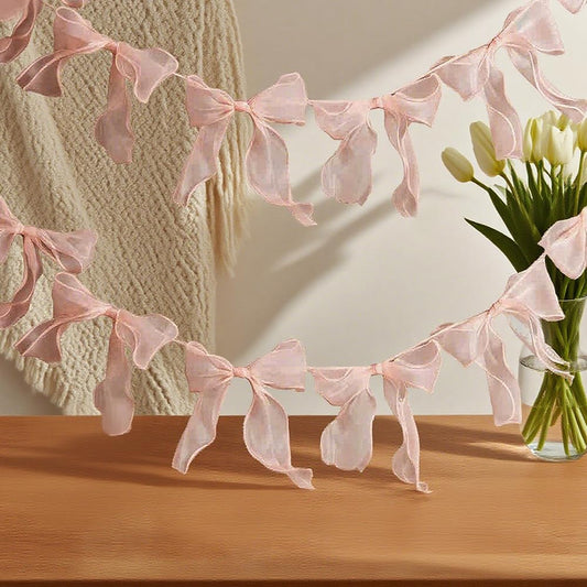 1 String of 12pcs Tulle Bow Garland Pink Bowknot Banner Garlands for Decoration Ribbon Garland Party Banner for Birthday,Wedding,Engagement,Anniversary,Bridal Shower, Bachelorette Party Pink Bow Decor