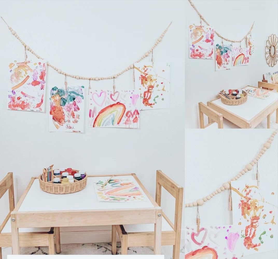 2PCS Hanging Photo Display Wall Decor,Boho Wooden Bead Garland Picture Hanging String with Clips for Dorm, Bedroom, Living Room, Office Cubicle Decor, Art Display Hangers for Artwork