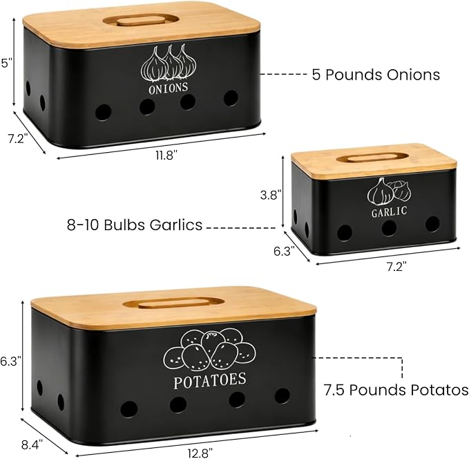 3 Pack Potato Onion Garlic Storage Set, Metal Vegetable Storage Bins with Aerating Holes Bamboo Lids, Large Capacity Kitchen Canister Black Food Container for Countertop, Pantry