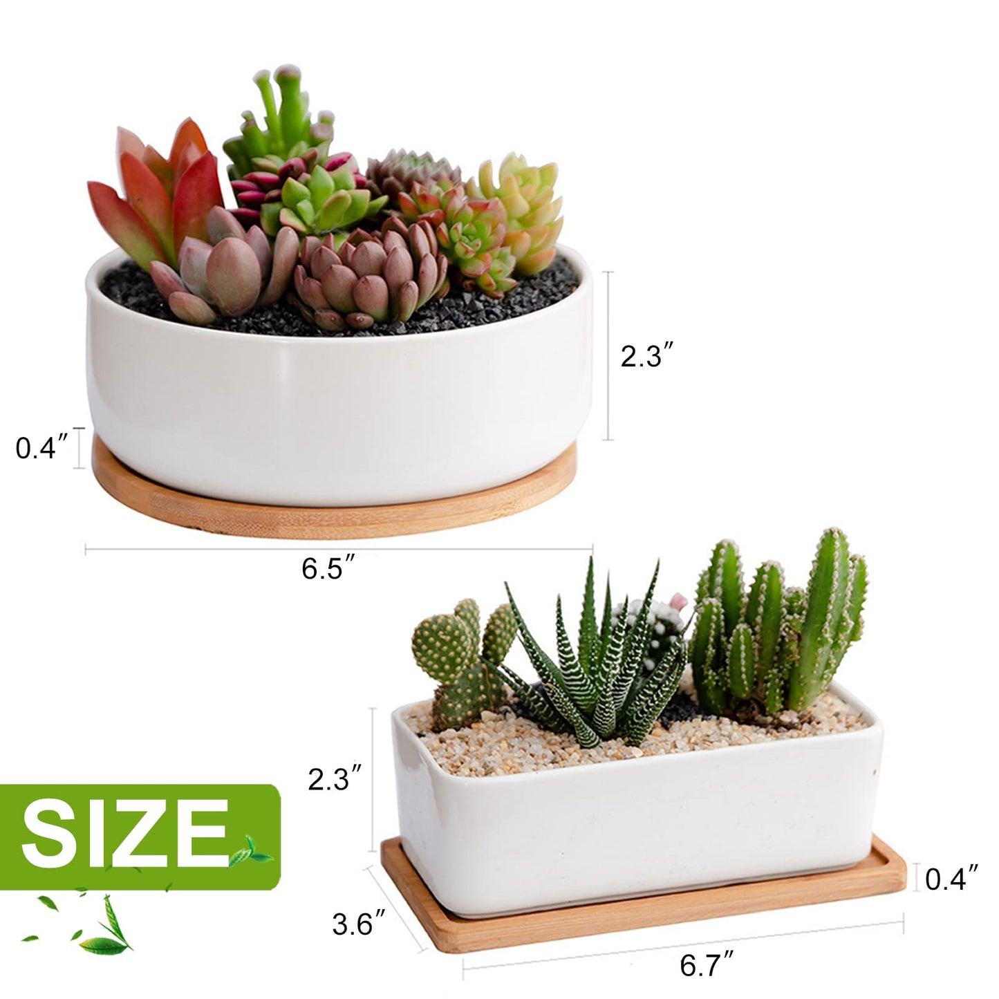 DeeCoo Succulent Pots, White Ceramic Flower Succulent Planters Pot with Bamboo Tray, 1 Rectangle Flower Pot + 1 Round Flower Pot 6.5" Drainage Hole for Cactus