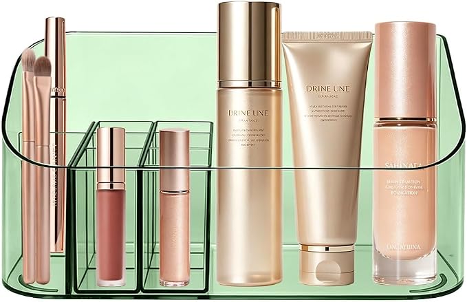 Makeup Tray Holder Organizer Cosmetic Display Case Tabletop Desktop Vanity Countertop Bathroom Wall Cabinet Medicine Storage Box 9 Dividers 2 Removable Women Ladies Girls Gifts Crystal Green 1 PACK