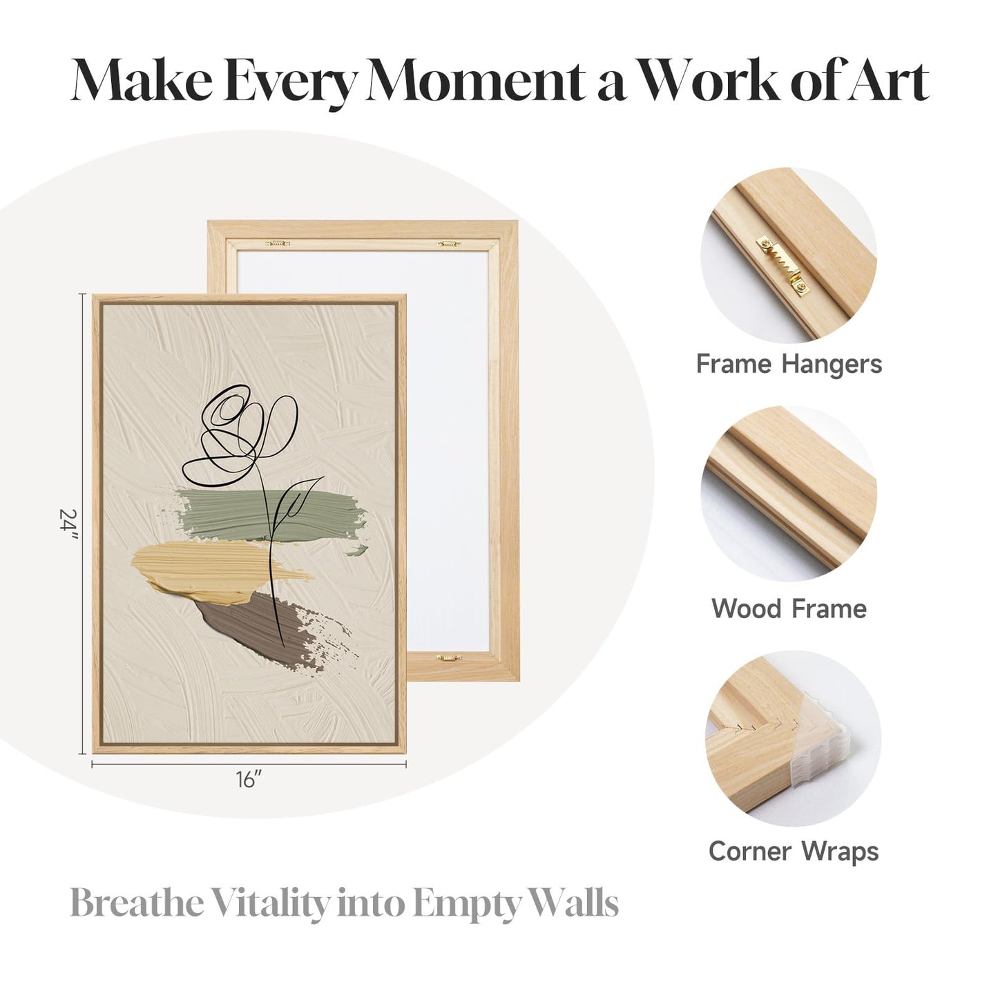 Framed Abstract Boho Wall Art for Bedroom, Set of 3 Large Neutral Canvas Prints Paintings, Modern Minimalist Line Face Botanical Picture Artwork Decor for Living Room Hallway 16x24 Inch