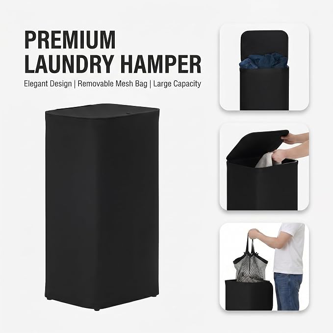 DOKEHOM 100L Laundry Hamper with Lid, Large Collapsible Laundry Basket with Removable Mesh Liner Bag, Collapsible Clothes Sorter for Bedroom, Bathroom, College Dorm, Black