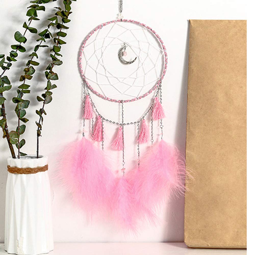 Dream Catcher Handmade Pink Feather Native American Circular Net for Boys Bedroom Wall Hanging Dream Catcher for Girls Kids Nursery Bedroom Decoration Blessing Gift (Pink)