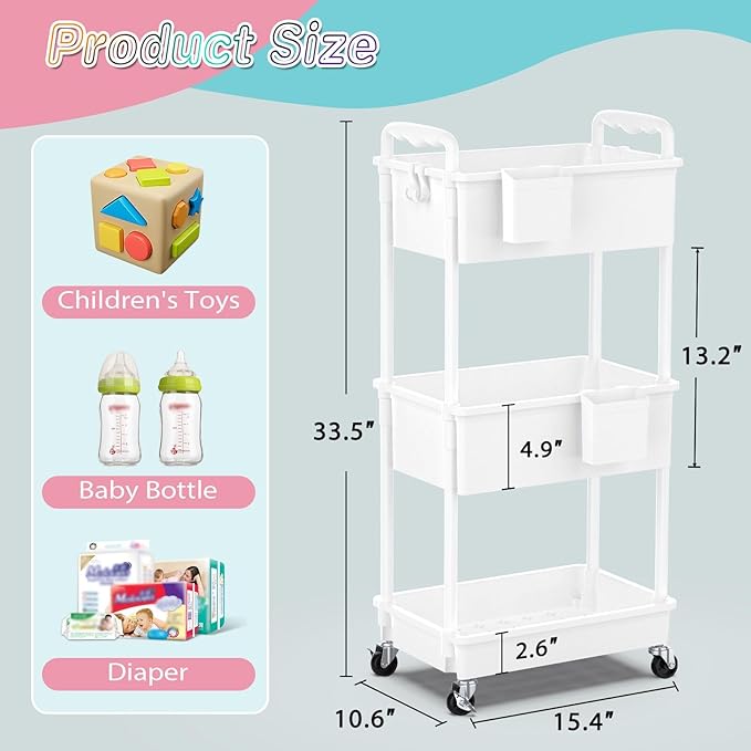 SUNALLY Baby Diaper Caddy Cart, 3 Tier Rolling Diaper Cart with Lockable Wheels for Nursery Essentials, Large Capacity & Easy Assemble Diaper Storage Organizer for Newborn,New Mom, White