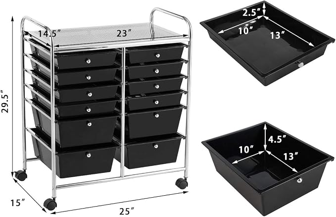 LDAILY 12 Drawer Rolling Storage Cart, Craft Cart Organizer on Wheels w/Metal Frame, Large Capacity & Smooth Drawer, Rolling Cart w/Drawers for Classroom, Office