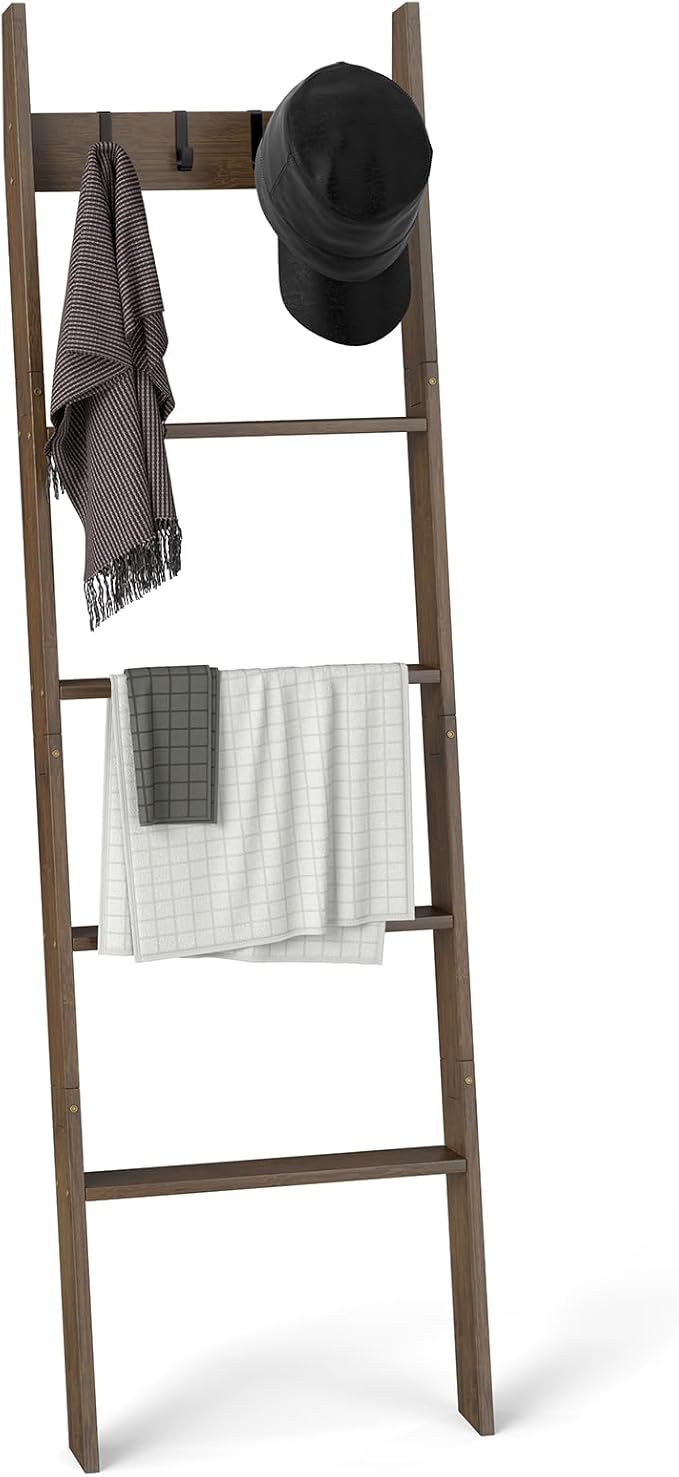 Giantex Bamboo Blanket Ladder, 5-Tier Ladder Shelf w/ 4 Removable Hooks, Decorative Wall Leaning Ladder, Blanket Holder w/Anti-Tip Straps, Farmhouse Towel Display Rack for Living Room, Bedroom