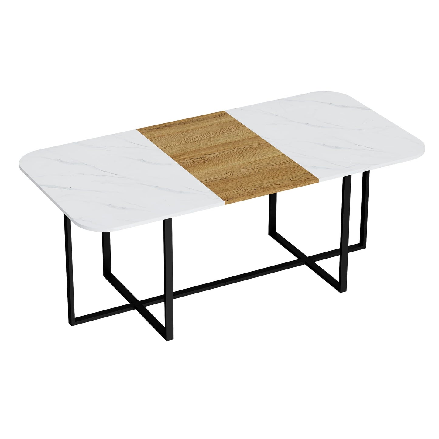 KEIKI 79" Dining Table Set for 8, Rectangular Kitchen Table Set with White Faux Marble & Wood Grain Top, Modern Dining Room Set with 8 Brown Suede Chairs, Large Family Dining Table Furniture
