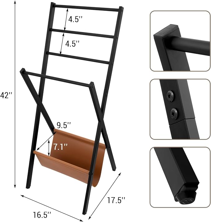 MyGift Blanket Ladder, Freestanding Blanket and Towel Rack with 4 Crossbars and Tan Leatherette Magazine Storage Holder – Modern Metal Floor Living Room or Bathroom Organizer Stand