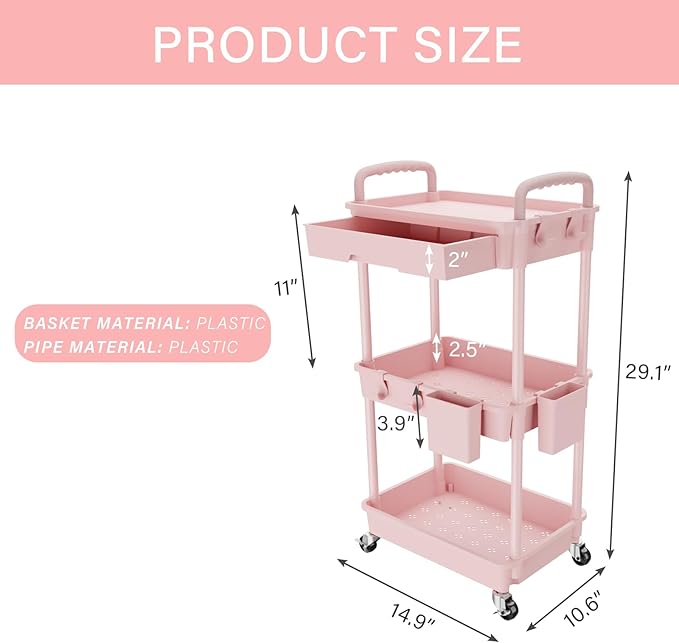 REBECAT 3 Tier Rolling Utility Cart with Drawer,Storage Cart,Rolling Cart for Kitchen,Bathroom,Living Room,Storage Organizer with Iron Wheels（Pink