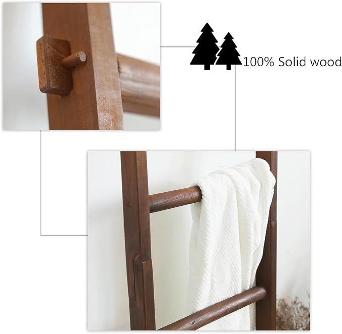 Wooden Blanket Ladder - Natural & Motley Wood - Leaning Wall Decor for Bedroom, Bathroom, Living Room - Rustic Quilt Holder & Towel Rack (Walnut Color, 76in（6-Tier）)