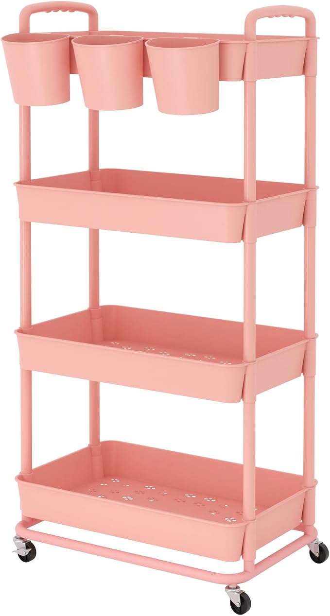 JIUYOTREE 4-Tier Plastic Rolling Storage Cart Utility Cart with Extra Hanging Cups Handles Lockable Wheels for Living Room Bathroom Kitchen Office Pink