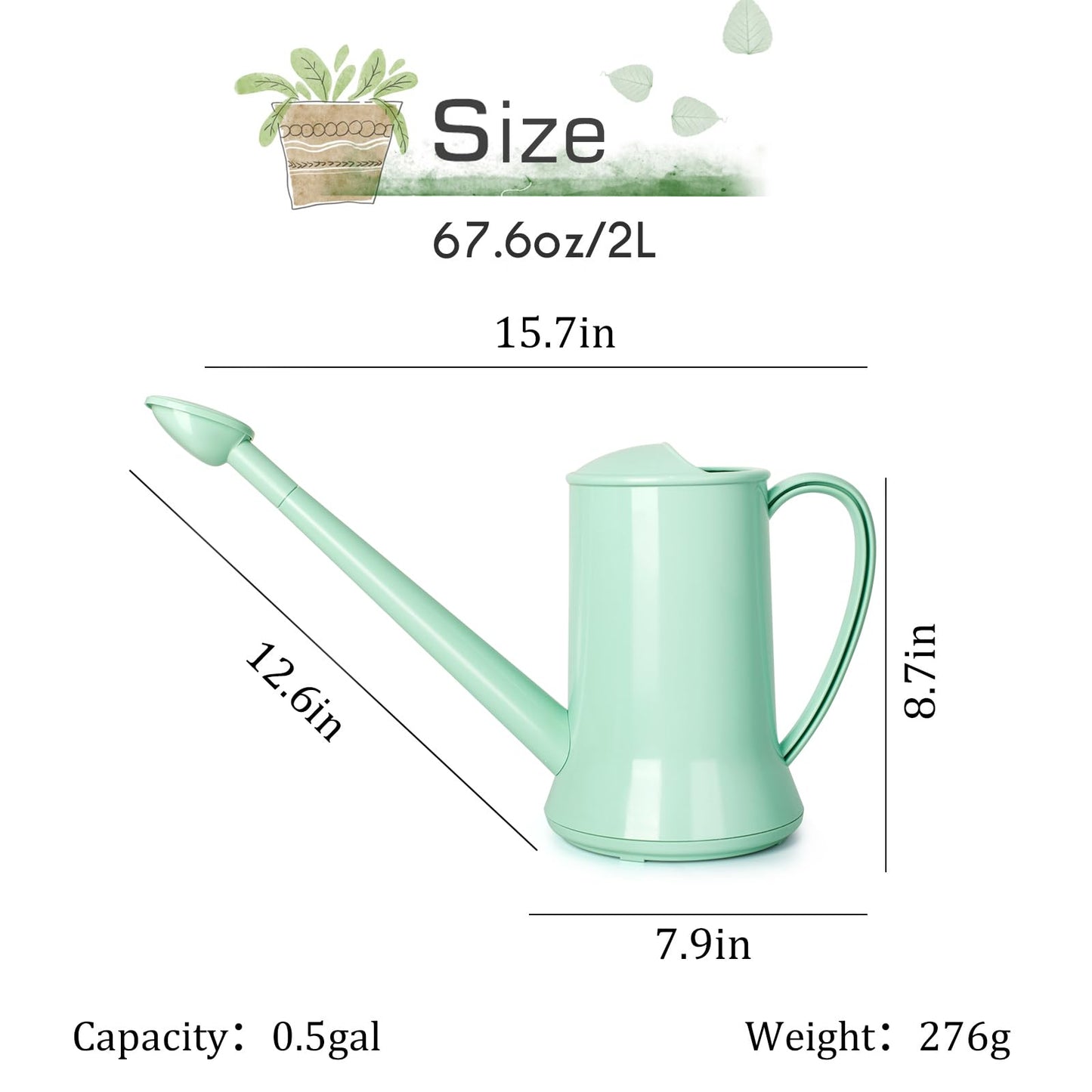 XXXFLOWER 1/2 Gallon Small Indoor Plant Watering Can, 2L Long Spout Removable Nozzle Flower Watering Pot for Office House Indoor Garden（Green, 67 oz）