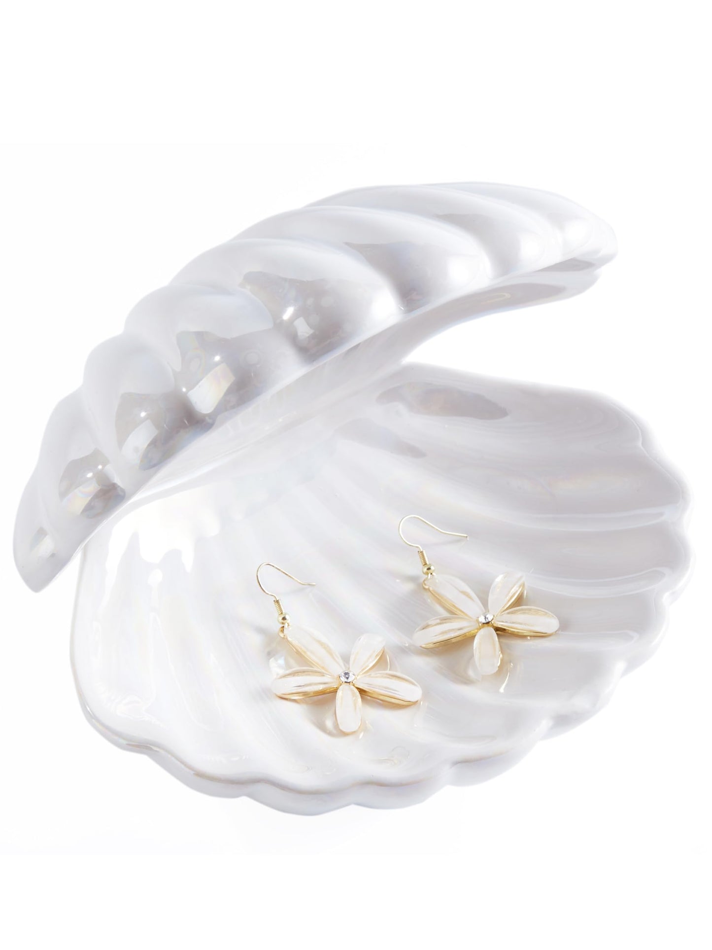 Denique Shell Jewelry Dish Tray, Ceramic Trinket Tray Clamshell Jewelry Storage Dish, Ring Holder Dish Key Bowl, Decorative Jewelry Plate, Cute Jewelry Organizer for Room Decor (White)