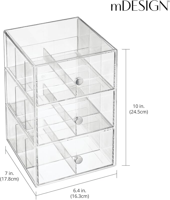 mDesign Plastic Wide Kitchen Pantry, Cabinet, Countertop Organizer Storage Station with 3 Drawers for Coffee, Tea, Sugar Packets, Sweeteners, Creamers, Drink Pods, Packets; 18 Sections - Clear