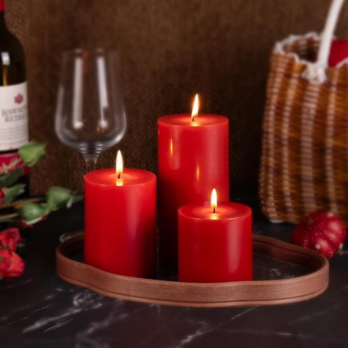 KONNI Red Pillar Candles Set of 3, 3"x 6" Unscented Pillar Candles Bulk, 56 Hours Long Burning Candles, Smokeless and Dripless Large Round Candle for Wedding, Home Decoration, Parties, Spas, Dinner