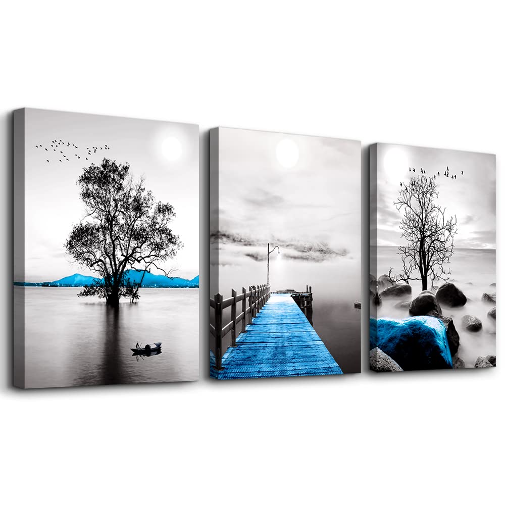 Framed Canvas Wall Art for Living Room, Bedroom, Office - Black and White Ocean Landscape Paintings - Modern Posters and Pictures for Bathroom Home Decor - 3 Piece Set
