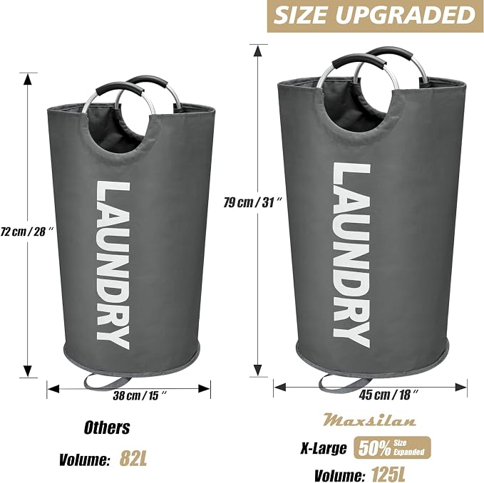 Maxsilan 125L X-Large Laundry Basket, Freestanding Tall Clothes Hamper, Collapsible Laundry Bag, Dark Grey