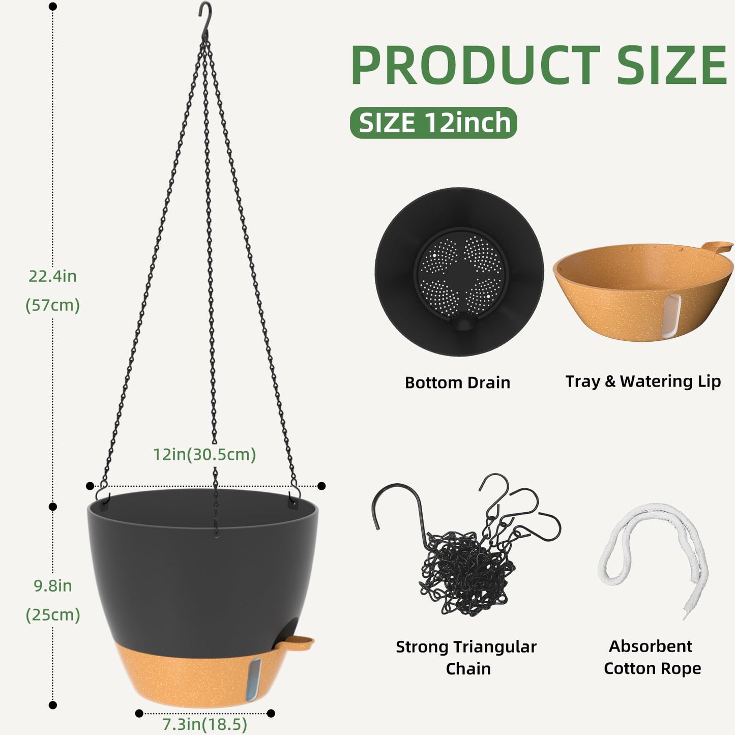 ZMTECH 12 Inch Large Self Watering Hanging Planters for Indoor Outdoor Plants - Water Level Indicator & Removable 60 Oz Reservoir, 1 Pack Plastic Hanging Basket for Window Porch Garden Balcony, Black
