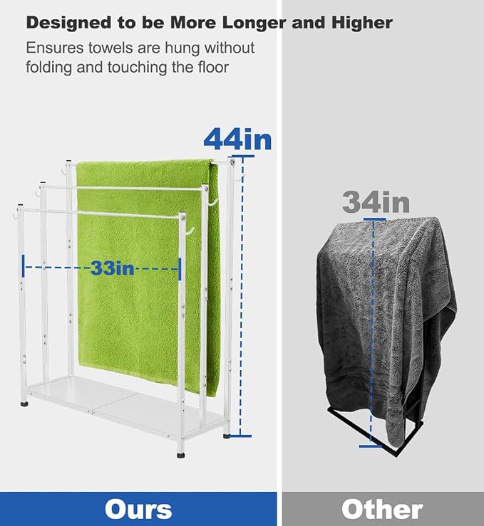 Extra Large Free Standing Towel Rack with Metal Storage Shelf & 6 Hooks for Bathroom, 3 Tiers Heavy Duty Blanket Drying Stand Holder for Outdoor Pool, Bedroom, Living Room, White