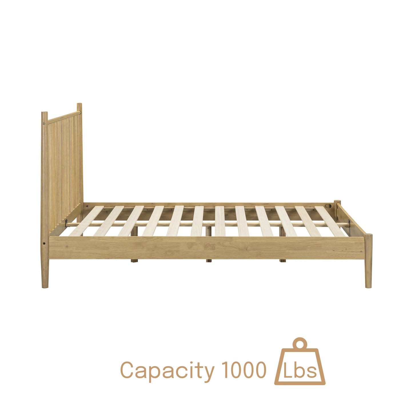 NTC Inno Wooden Bed Frame with Headboard, Solid Oak and Rubber Wood Foundation with Silent Slats and Wood Central Supports, 1000 Lb Capacity, Effortless Assembly, Queen - Sand