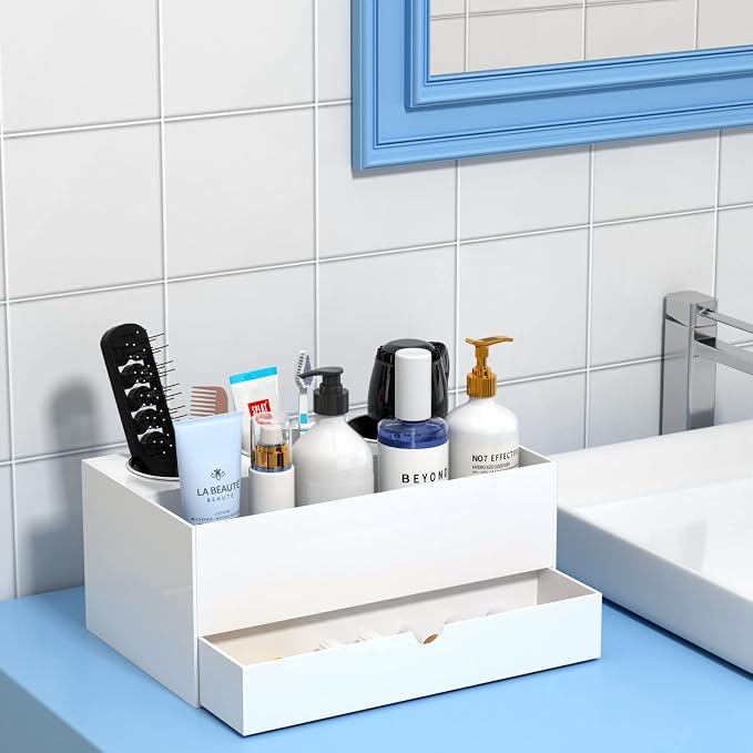NIUBEE Hair Tool Organizer, White Acrylic Hair Dryer and Styling Organizer with Drawer, Bathroom Countertop Blow Dryer Holder, Vanity Caddy Storage Stand for Accessories, Makeup, Toiletries
