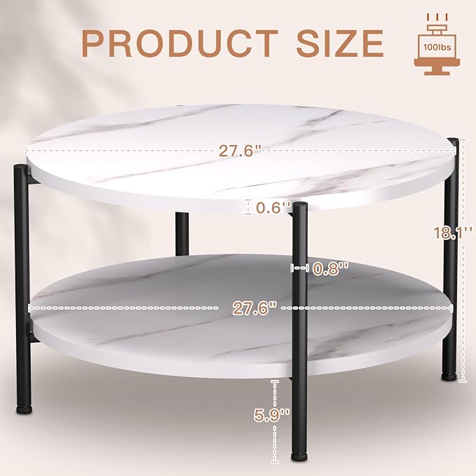 FAMIDGE Round Coffee Table, 27.6" Circle Coffee Table for Living Room, 2-Tier Wood Accent Center Table with Open Storage Industrial Design Home Furniture, White