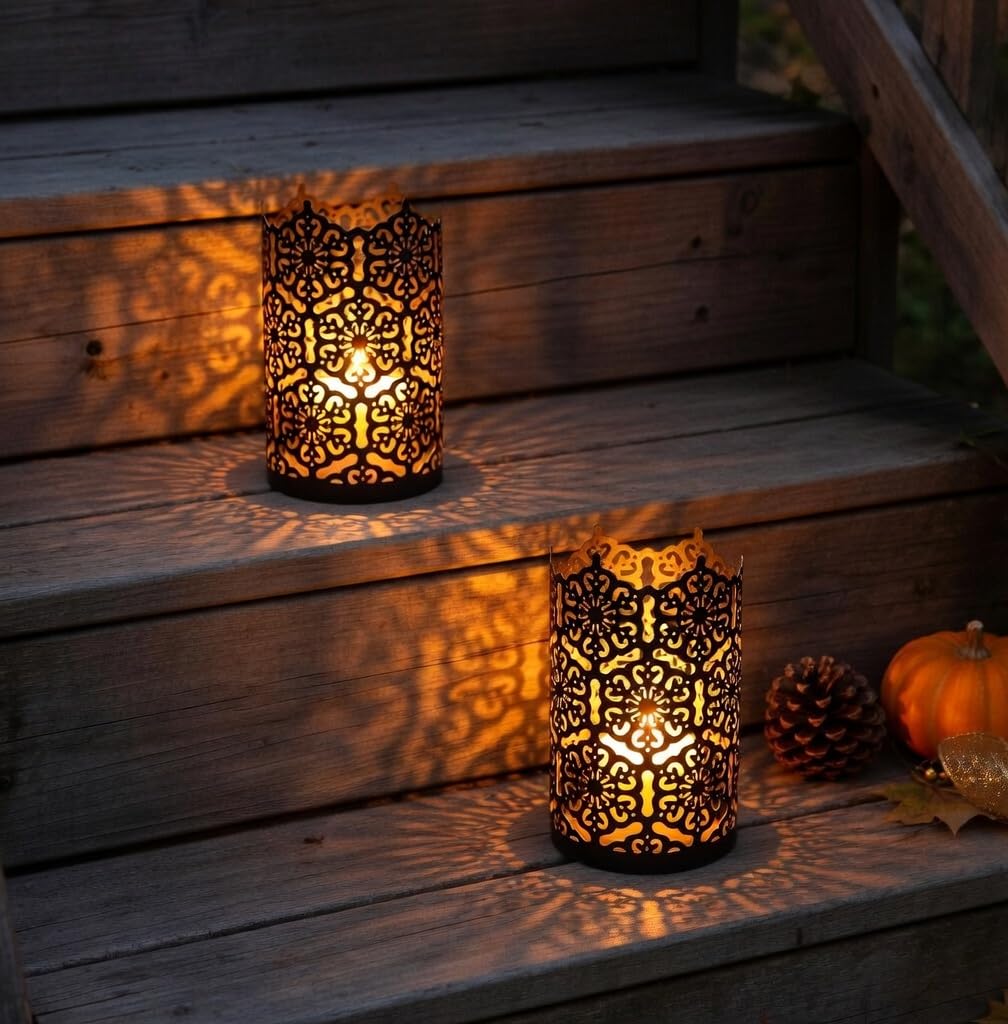 Hosley's Set of 2 Flower 7" High Cut Bronze Candle Holder & Lantern. Ideal for Use with Hosley Highly Scented Candles, Jar Candles. Can be Used as a Decorative Centerpiece in Your Living/Dining Room