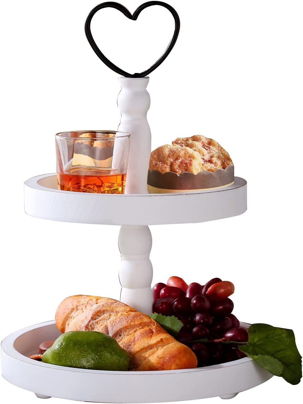 2 Tiered Tray Stand Decor, White Tiered Tray Decor for Farmhouse, Coffee Bar, Weddings-Holiday (White)